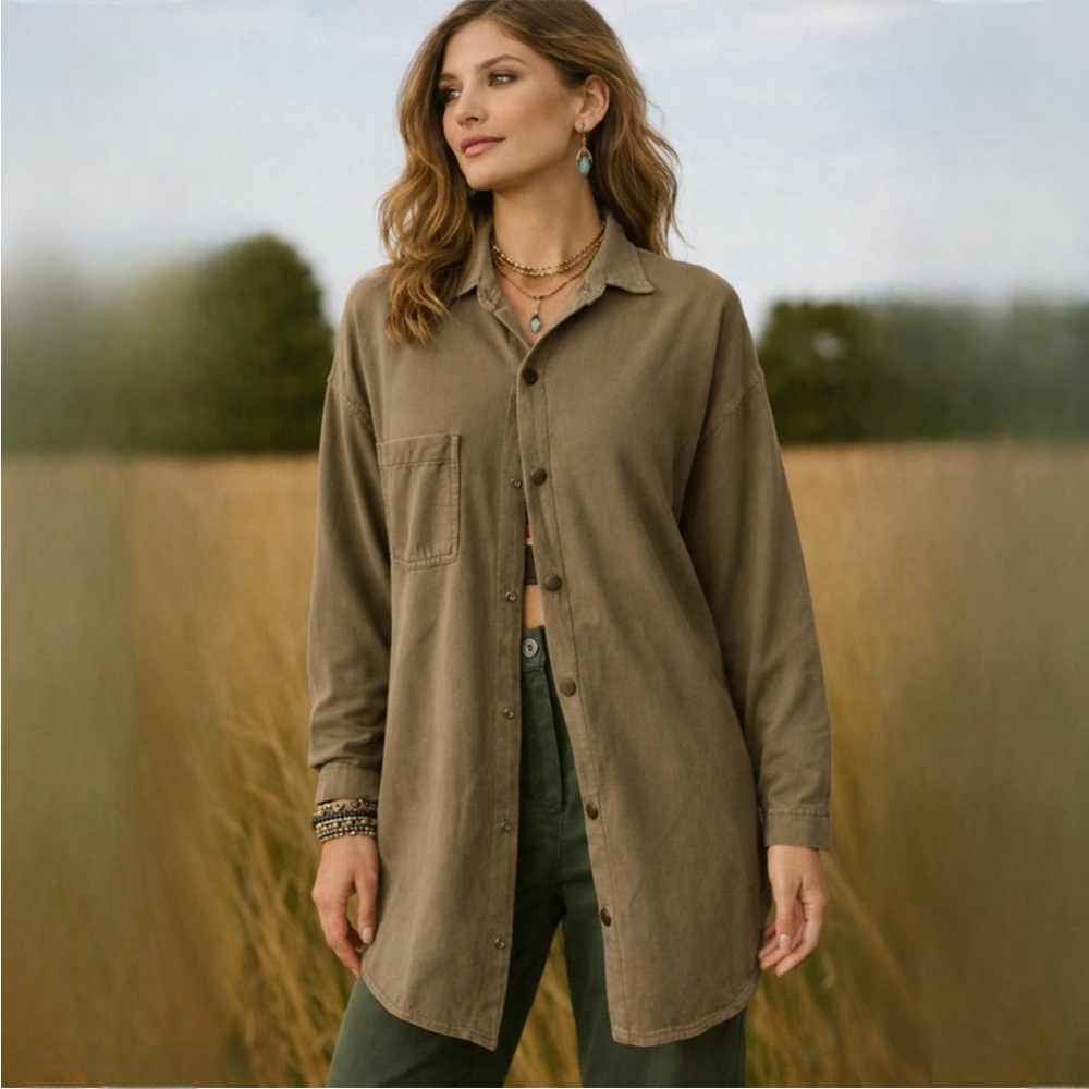 Vtg 1980’s Hot Cotton Taupe Long Sleeve Snap Down Cotton Top Shirt Shacket  Med